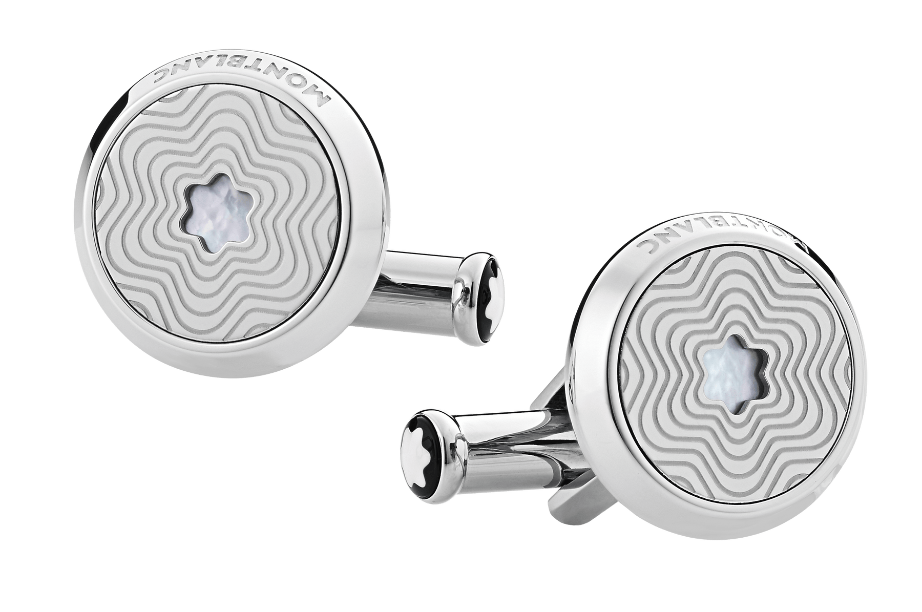 Cufflinks, round in stainless steel with exploding star pattern and mother-of-pearl snowcap emblem