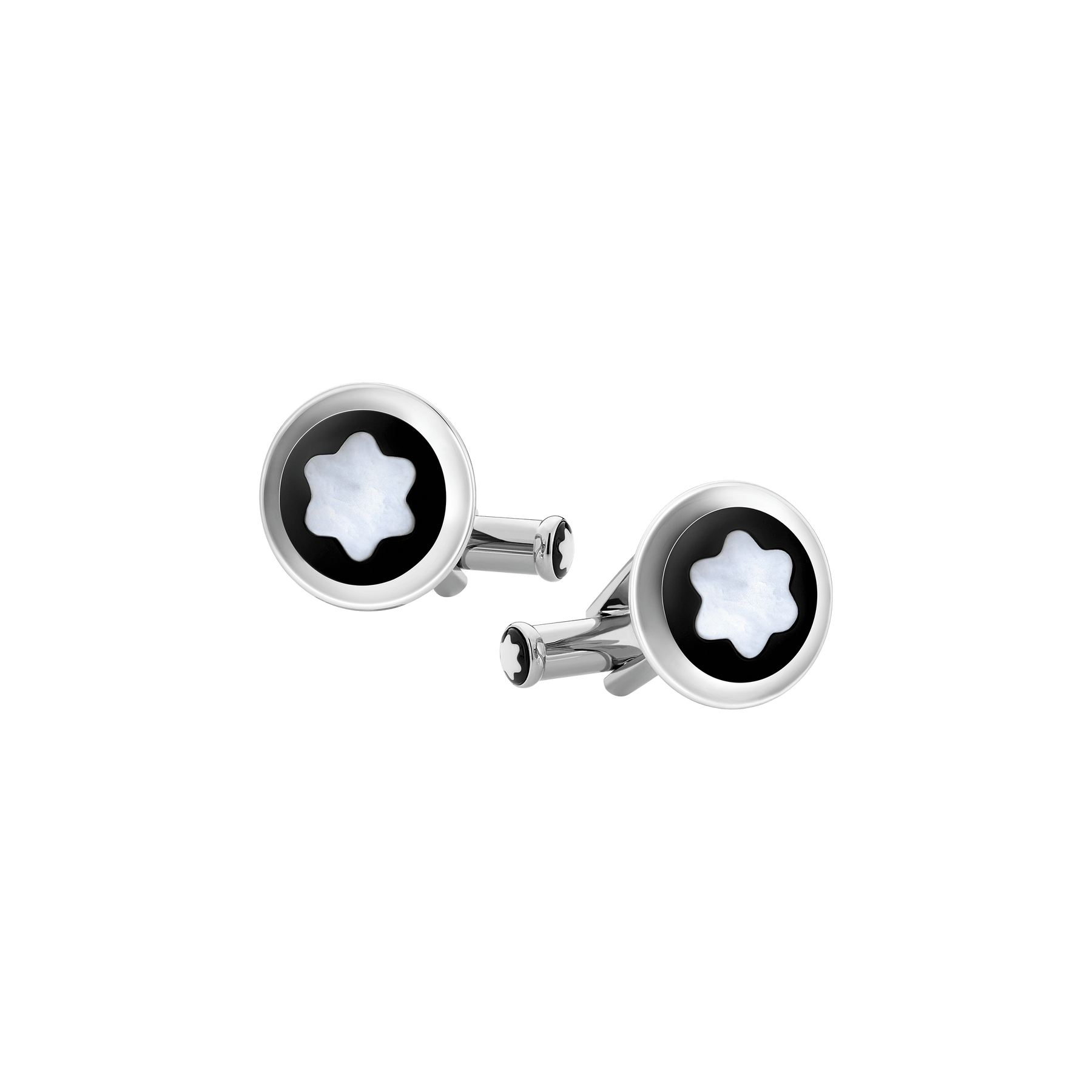 Cufflinks, round in stainless steel with black PVD inlay and mother-of-pearl snowcap emblem