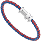 Bracelet in woven red-blue leather with steel closing and three rings
