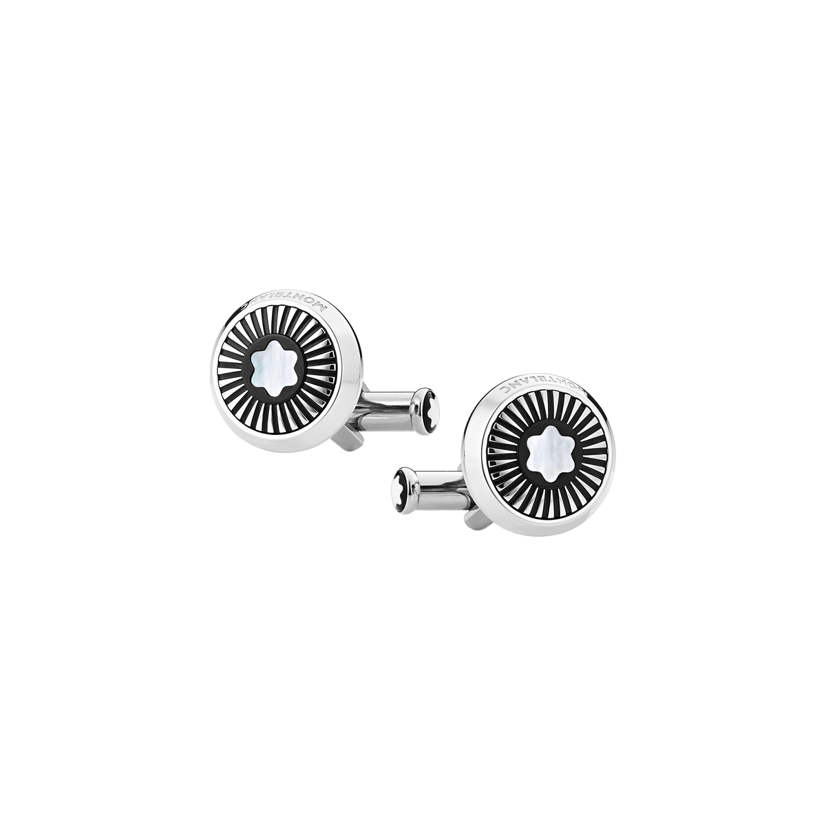 Cufflinks, round in stainless steel with ray pattern and mother-of-pearl snowcap emblem
