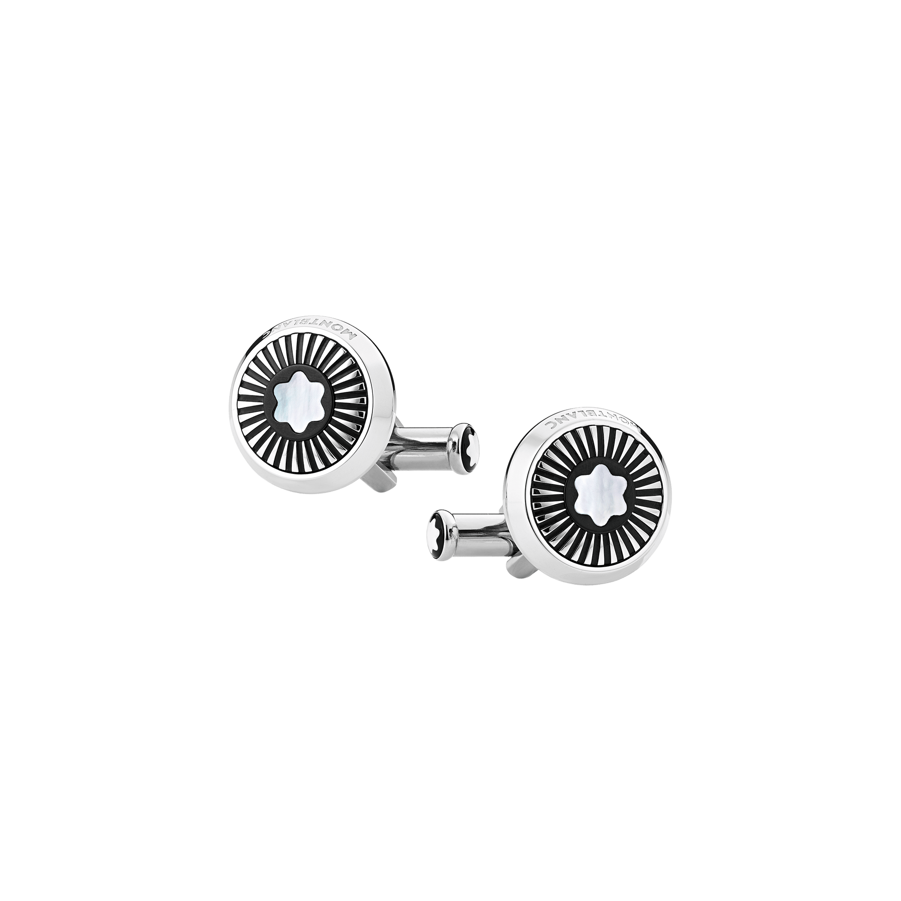 Cufflinks, round in stainless steel with ray pattern and mother-of-pearl snowcap emblem
