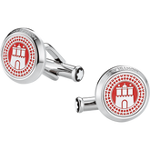 Cufflinks, round, stainless steel, Montblanc engraved and red lacquer, Hamburg Edition