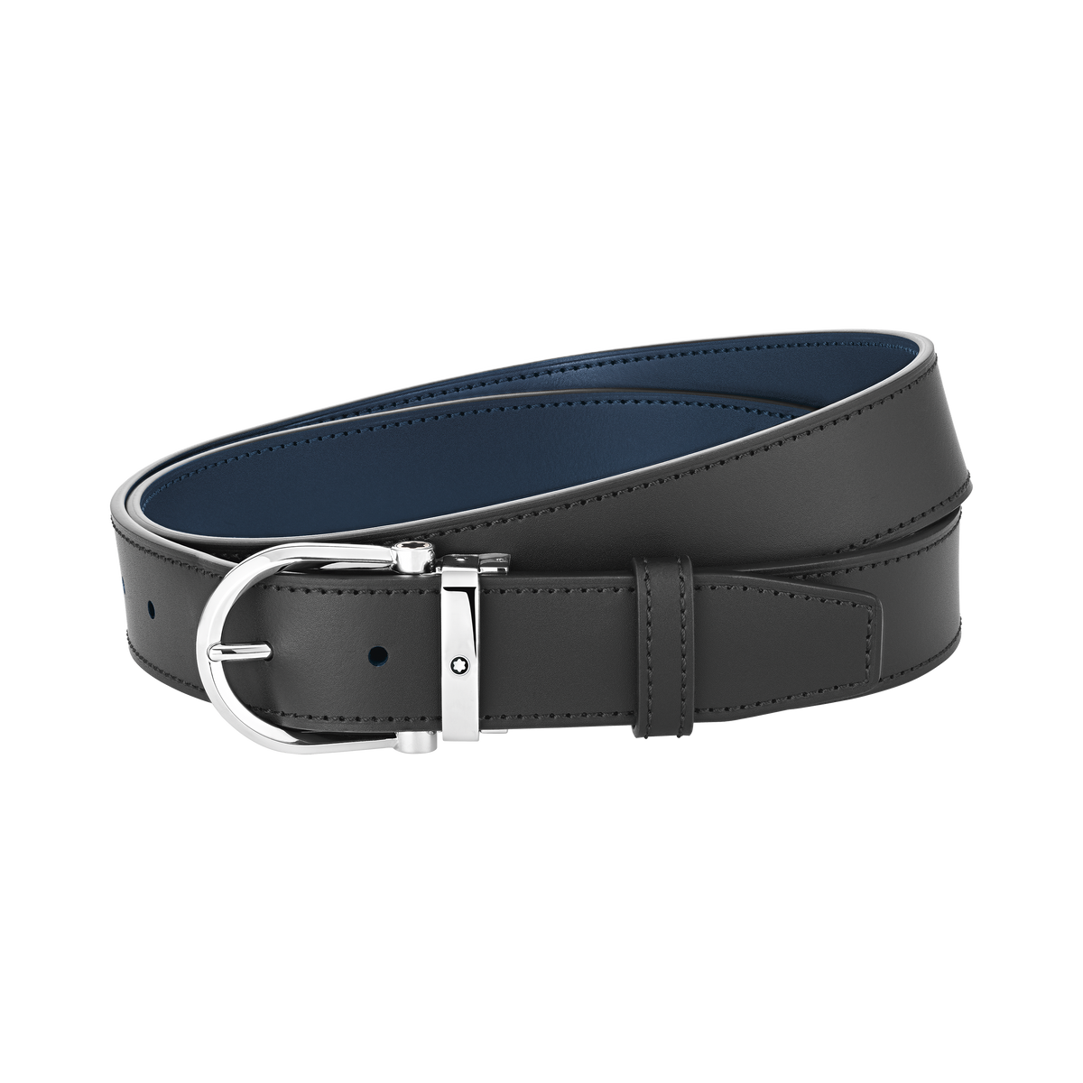 Horseshoe buckle black/blue 35 mm reversible leather belt