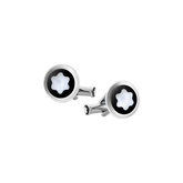 Cufflinks, round in stainless steel with black PVD inlay and mother-of-pearl snowcap emblem