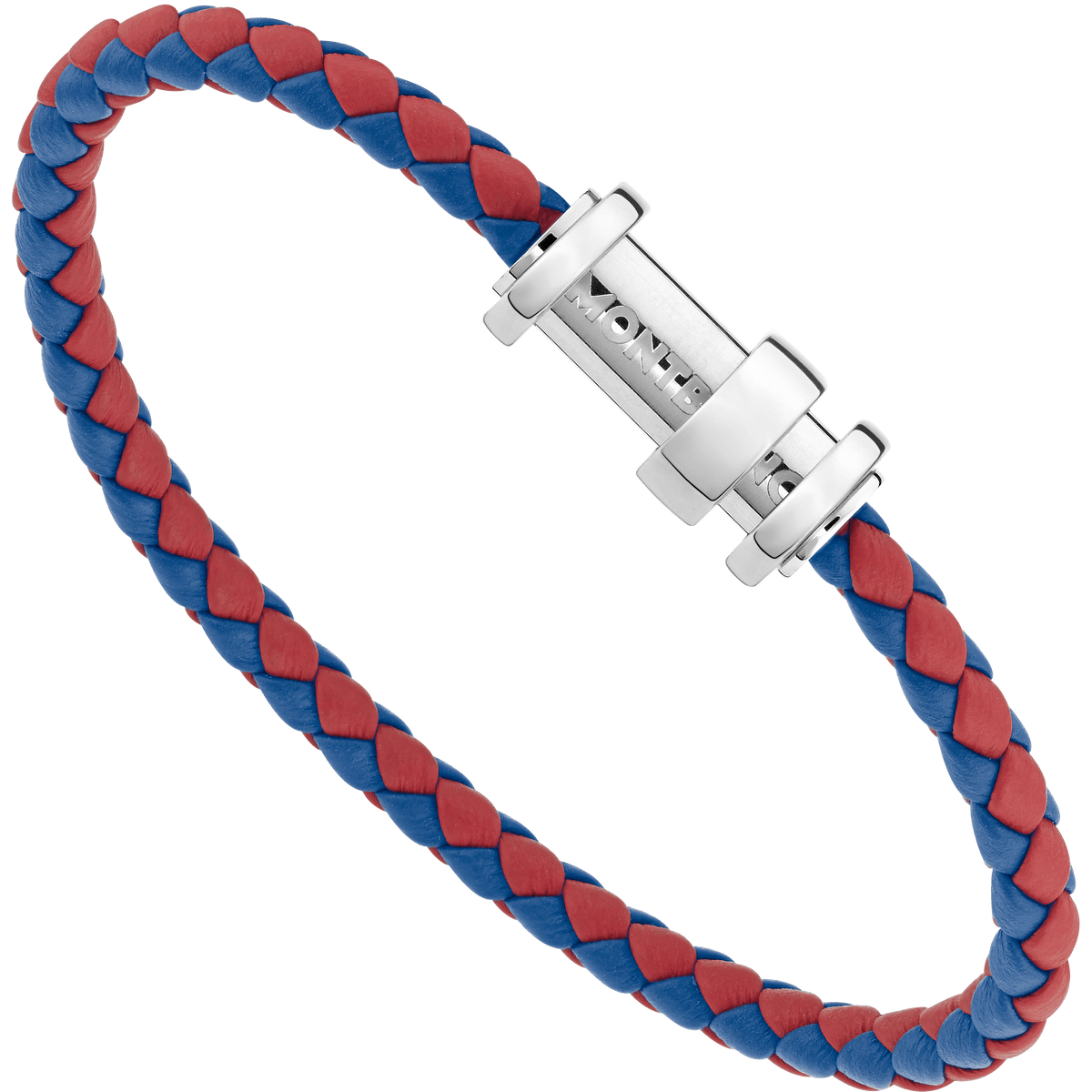 Bracelet in woven red-blue leather with steel closing and three rings