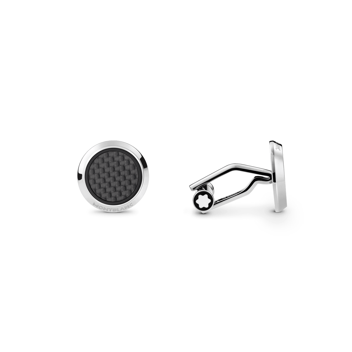 Cufflinks, round in stainless steel with carbon-patterned inlay