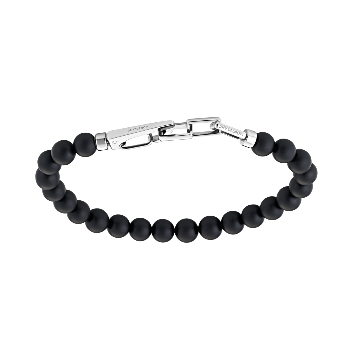 Onyx-bead bracelet with carabiner closure in stainless steel