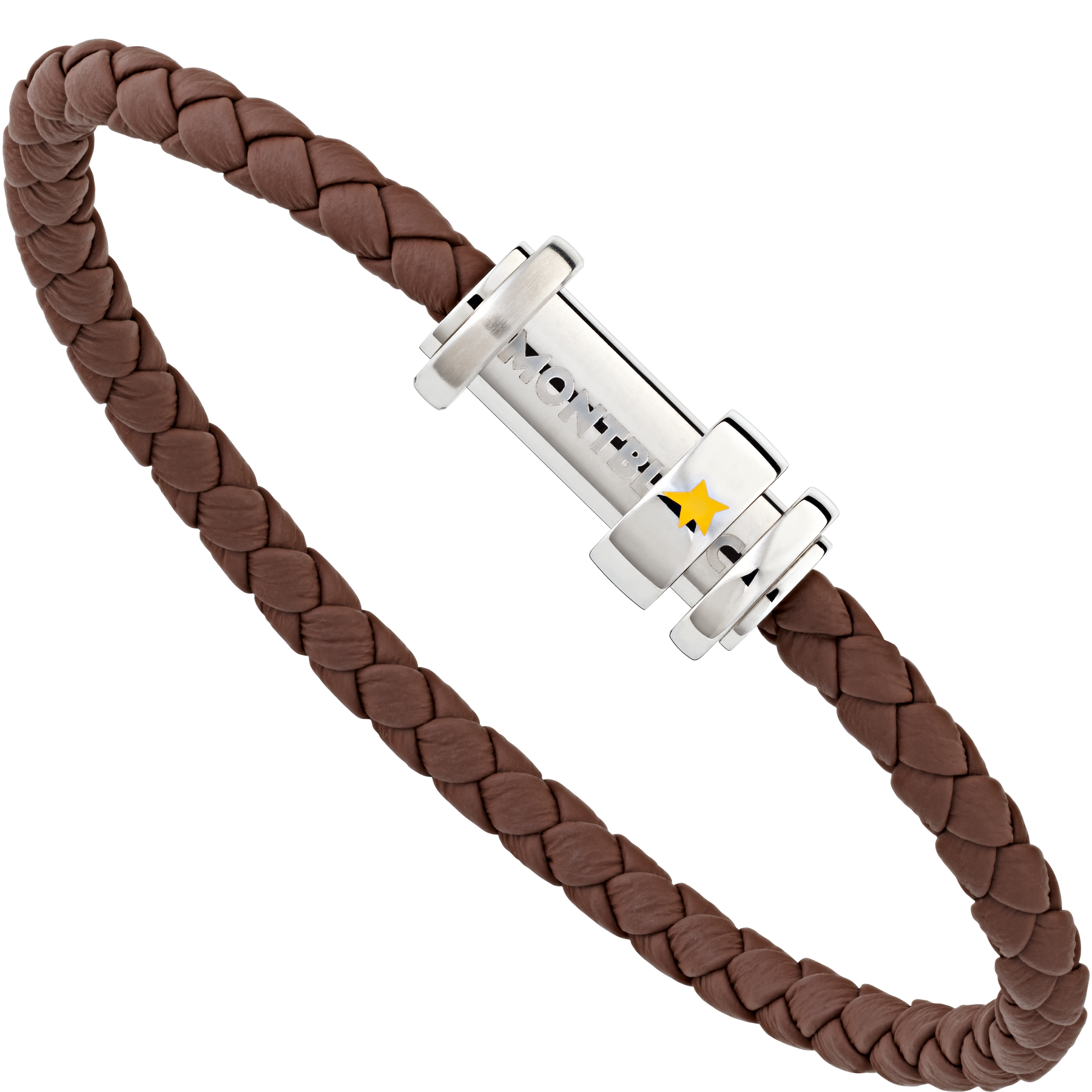Bracelet in woven brown leather with steel closing and three rings